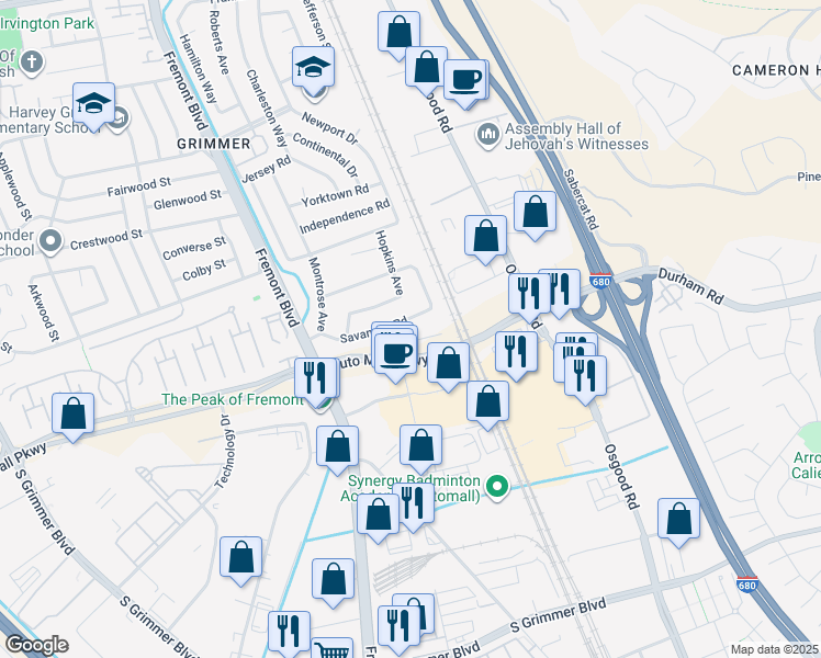 map of restaurants, bars, coffee shops, grocery stores, and more near 3730 Savannah Road in Fremont