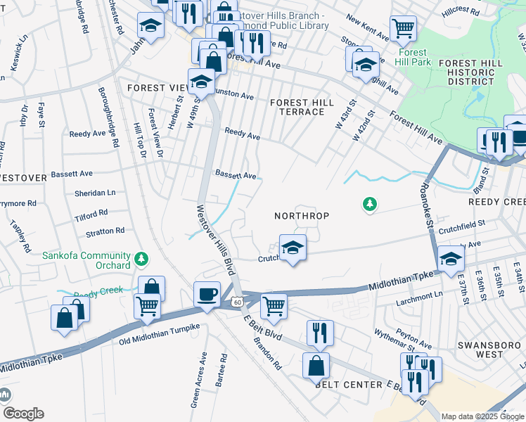 map of restaurants, bars, coffee shops, grocery stores, and more near 700 West 44th Street in Richmond
