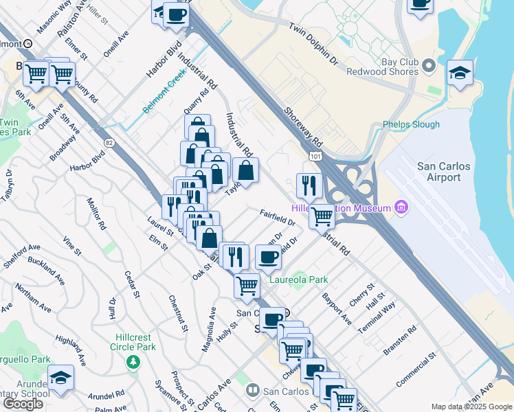 map of restaurants, bars, coffee shops, grocery stores, and more near 291 Fairfield Drive in San Carlos