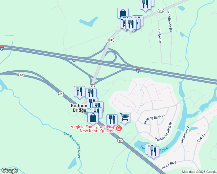 map of restaurants, bars, coffee shops, grocery stores, and more near 2450 Prince Andrew Court in Quinton