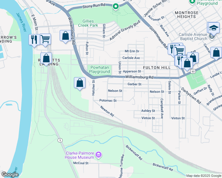 map of restaurants, bars, coffee shops, grocery stores, and more near 1004 Nelson Street in Richmond