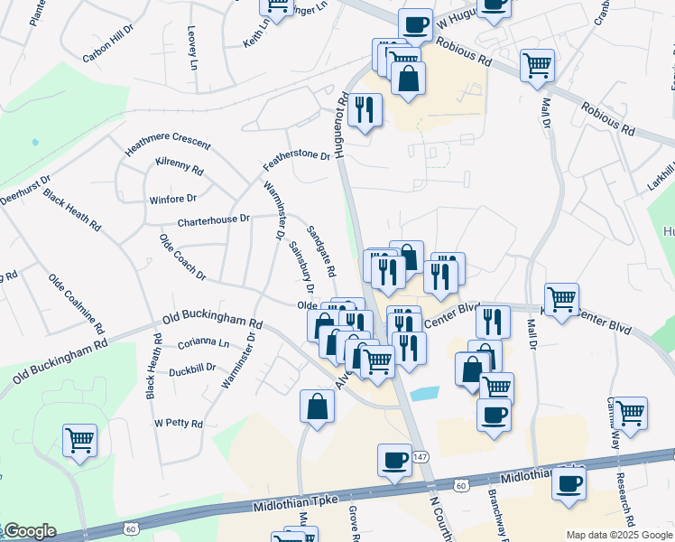 map of restaurants, bars, coffee shops, grocery stores, and more near 1533 Sandgate Road in Midlothian