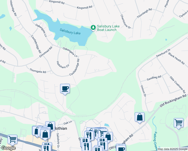 map of restaurants, bars, coffee shops, grocery stores, and more near 13321 Behetra Drive in Midlothian