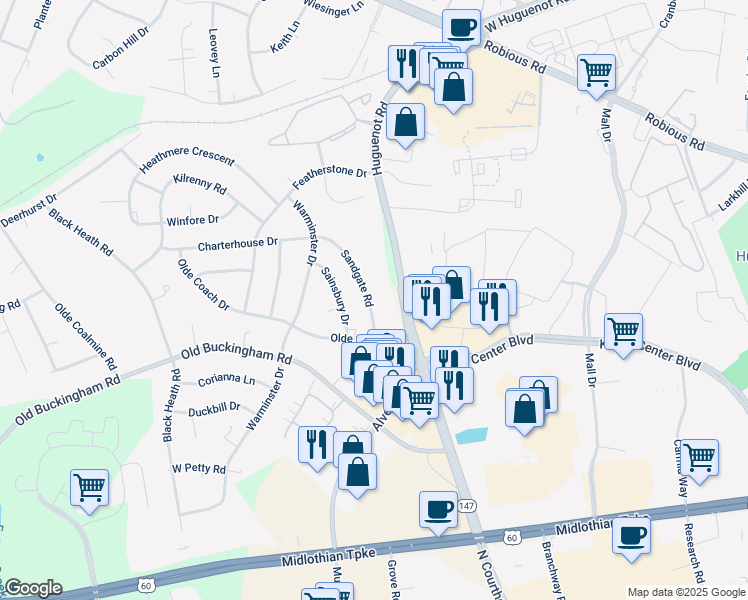 map of restaurants, bars, coffee shops, grocery stores, and more near 1533 Sandgate Road in Midlothian