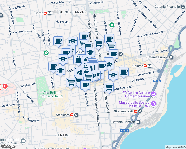 map of restaurants, bars, coffee shops, grocery stores, and more near 12 Via Conte Ruggero in Catania