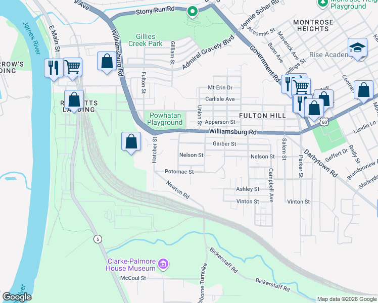 map of restaurants, bars, coffee shops, grocery stores, and more near 1008 Nelson Street in Richmond
