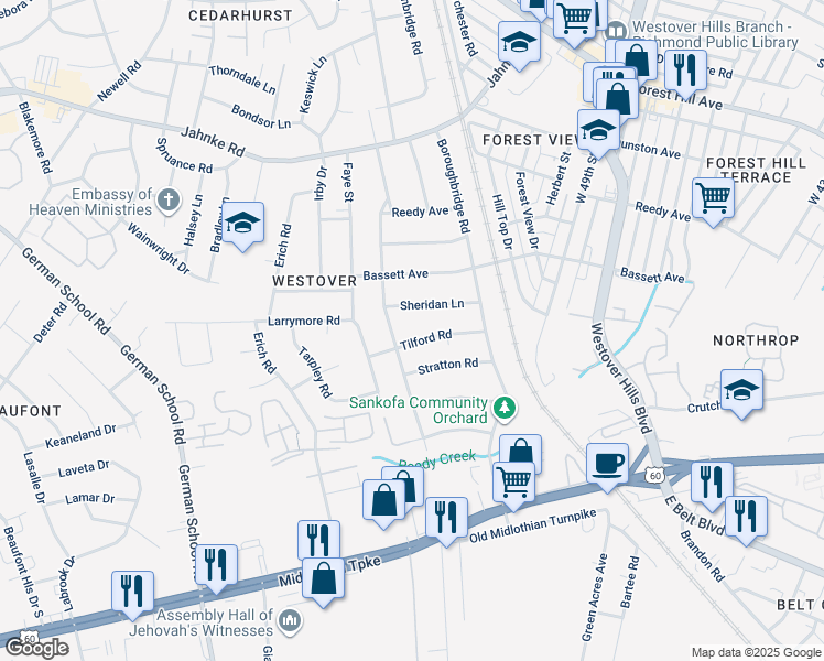map of restaurants, bars, coffee shops, grocery stores, and more near 5260 Tilford Road in Richmond