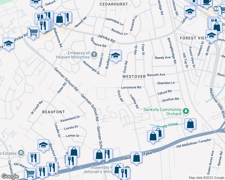 map of restaurants, bars, coffee shops, grocery stores, and more near 5713 Larrymore Road in Richmond