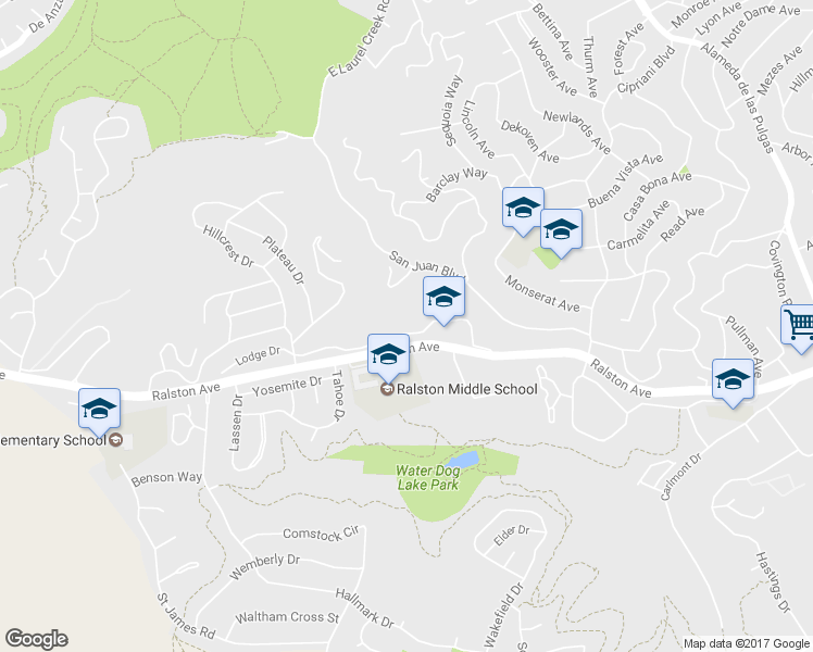 map of restaurants, bars, coffee shops, grocery stores, and more near 2624 Belmont Canyon Road in Belmont