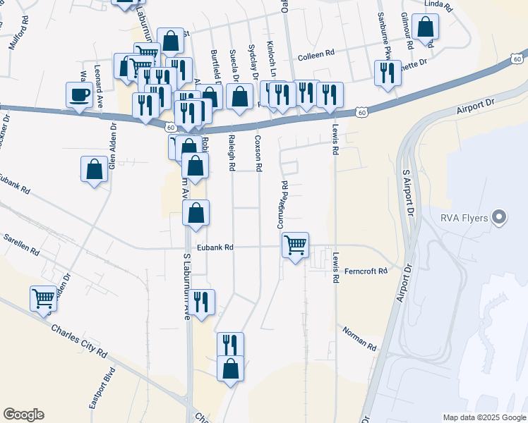 map of restaurants, bars, coffee shops, grocery stores, and more near 5301 Coxson Road in Henrico