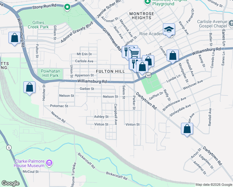 map of restaurants, bars, coffee shops, grocery stores, and more near 5109 Salem Street in Richmond