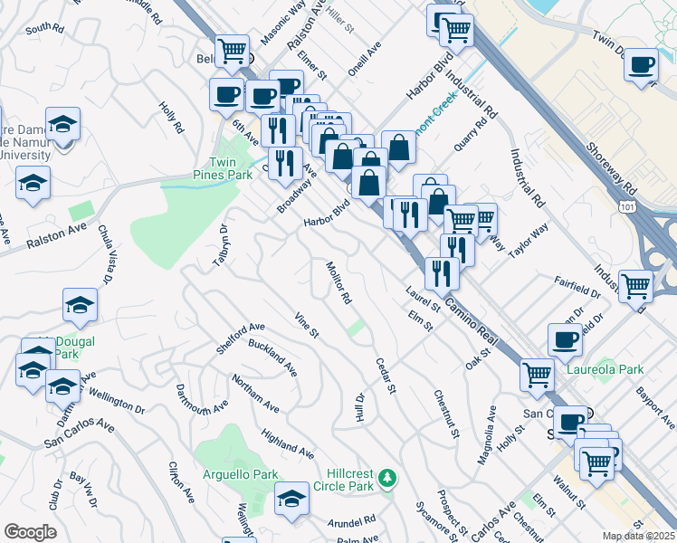 map of restaurants, bars, coffee shops, grocery stores, and more near 1597 Molitor Road in Belmont