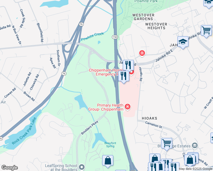map of restaurants, bars, coffee shops, grocery stores, and more near 1025 Boulders Parkway in Richmond