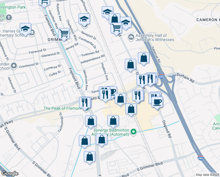 map of restaurants, bars, coffee shops, grocery stores, and more near 3730 Savannah Road in Fremont