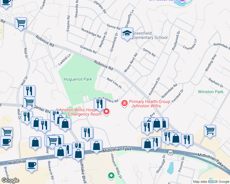 map of restaurants, bars, coffee shops, grocery stores, and more near 1603 South Red Lion Court in Richmond
