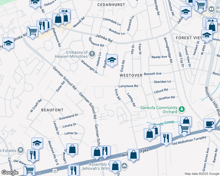 map of restaurants, bars, coffee shops, grocery stores, and more near 5713 Larrymore Road in Richmond