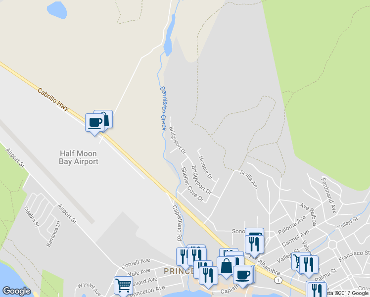 map of restaurants, bars, coffee shops, grocery stores, and more near 310 Bridgeport Drive in Half Moon Bay