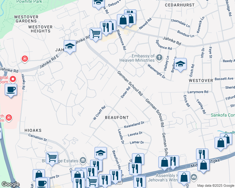 map of restaurants, bars, coffee shops, grocery stores, and more near 709 Goodwood Road in Richmond