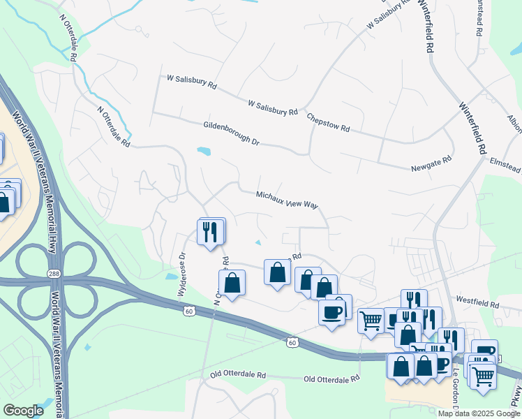 map of restaurants, bars, coffee shops, grocery stores, and more near 14324 Michaux Wood Way in Midlothian