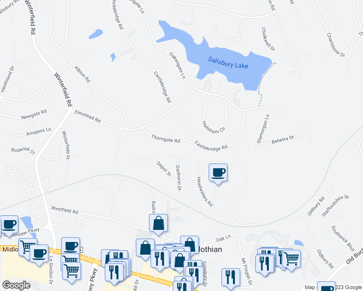 map of restaurants, bars, coffee shops, grocery stores, and more near 13621 Thorngate Road in Midlothian