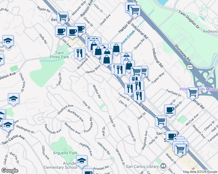 map of restaurants, bars, coffee shops, grocery stores, and more near 1618 King Street in Belmont