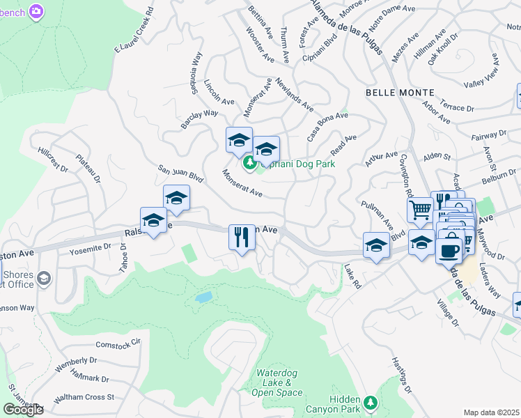 map of restaurants, bars, coffee shops, grocery stores, and more near 2814 San Juan Boulevard in Belmont