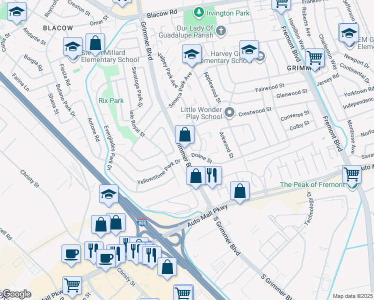 map of restaurants, bars, coffee shops, grocery stores, and more near 43248 Grimmer Boulevard in Fremont