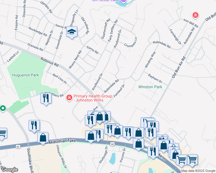map of restaurants, bars, coffee shops, grocery stores, and more near 10301 Huntersdell Ln in Richmond