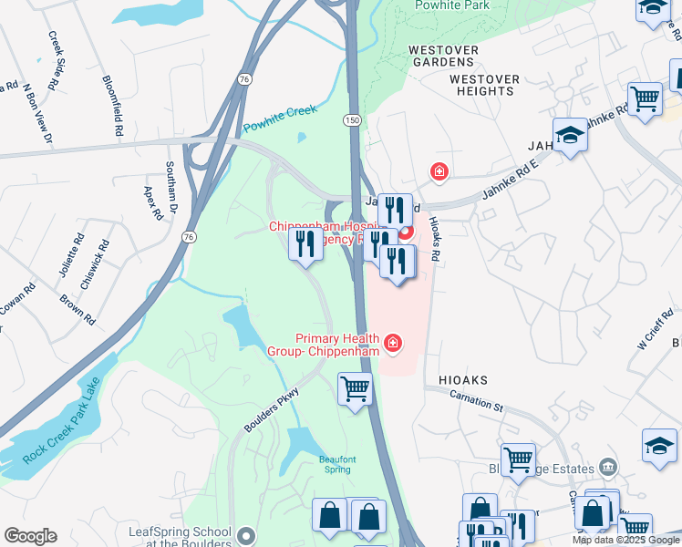 map of restaurants, bars, coffee shops, grocery stores, and more near 1025 Boulders Parkway in Richmond
