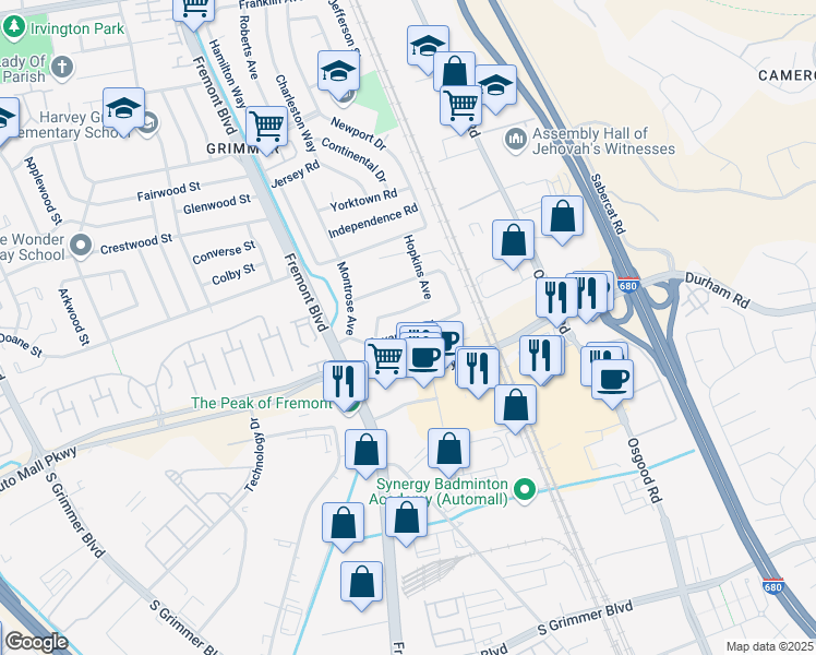 map of restaurants, bars, coffee shops, grocery stores, and more near 3757 Savannah Road in Fremont