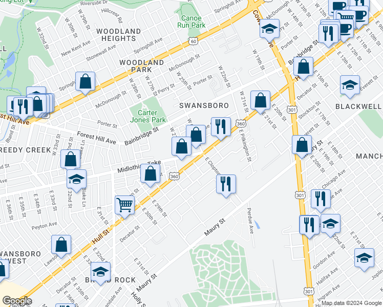map of restaurants, bars, coffee shops, grocery stores, and more near 2625 Midlothian Turnpike in Richmond