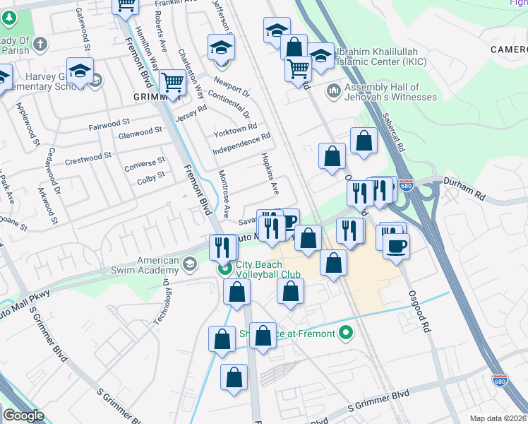 map of restaurants, bars, coffee shops, grocery stores, and more near 3757 Savannah Road in Fremont