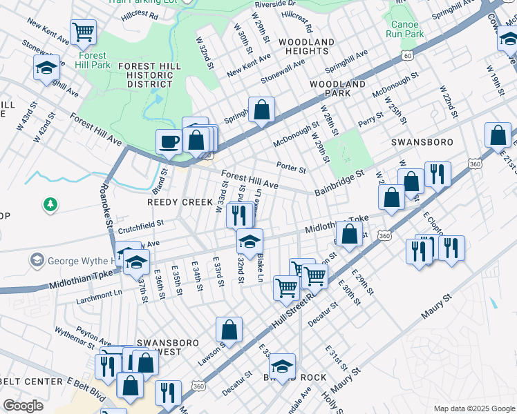 map of restaurants, bars, coffee shops, grocery stores, and more near 205 West Blake Lane in Richmond