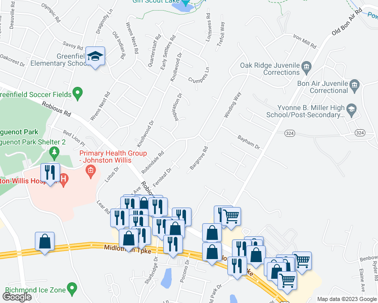 map of restaurants, bars, coffee shops, grocery stores, and more near 1433 Fernleaf Drive in Richmond