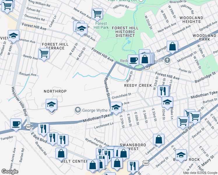 map of restaurants, bars, coffee shops, grocery stores, and more near 215 West Roanoke Street in Richmond