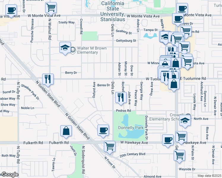 map of restaurants, bars, coffee shops, grocery stores, and more near 2213 Dels Lane in Turlock