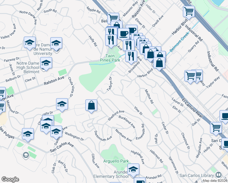 map of restaurants, bars, coffee shops, grocery stores, and more near 1415 Arden Lane in Belmont