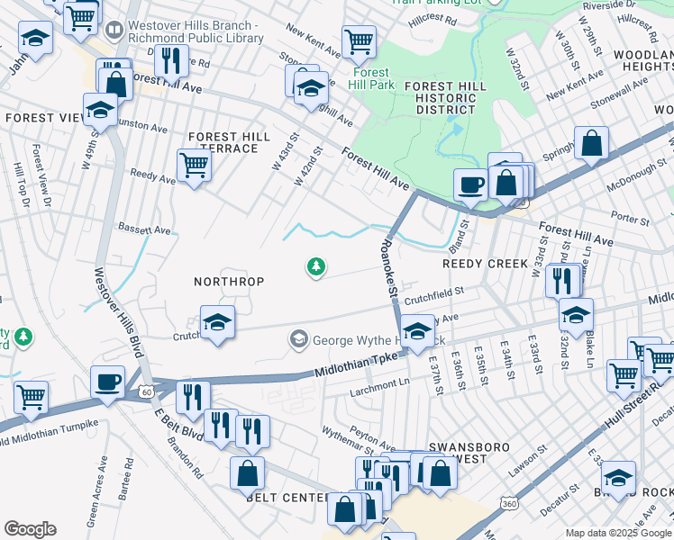 map of restaurants, bars, coffee shops, grocery stores, and more near 4017 Northrop Street in Richmond