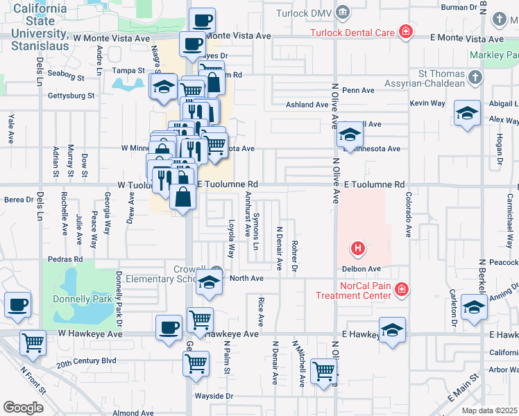 map of restaurants, bars, coffee shops, grocery stores, and more near 2165 Xavier Avenue in Turlock
