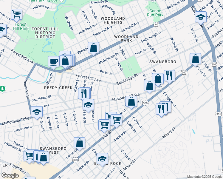 map of restaurants, bars, coffee shops, grocery stores, and more near 26 West 30th Street in Richmond