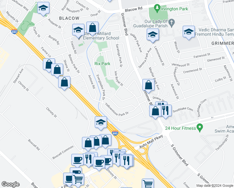 map of restaurants, bars, coffee shops, grocery stores, and more near 4928 Seneca Park Loop in Fremont