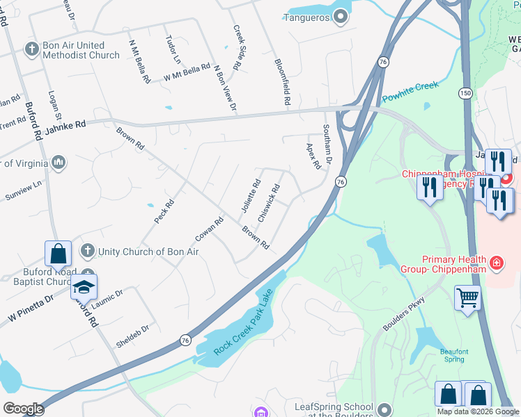 map of restaurants, bars, coffee shops, grocery stores, and more near 1036 Chiswick Road in Richmond