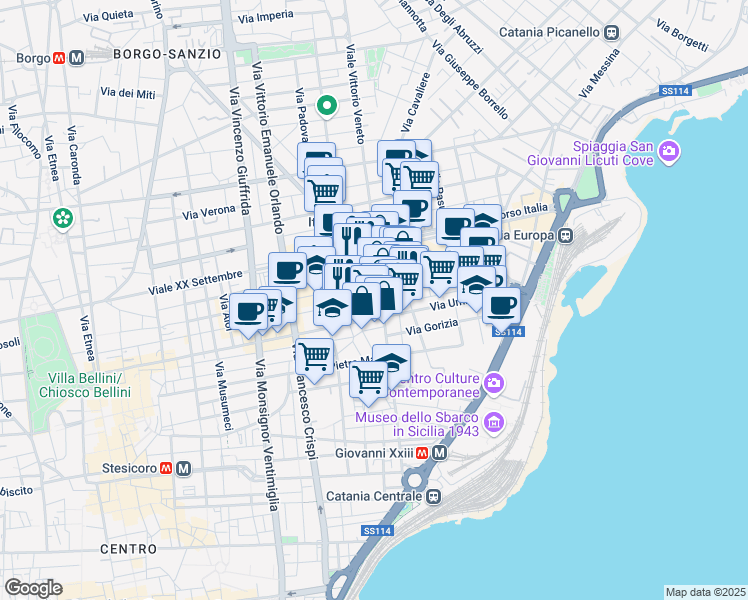 map of restaurants, bars, coffee shops, grocery stores, and more near in Province of Catania