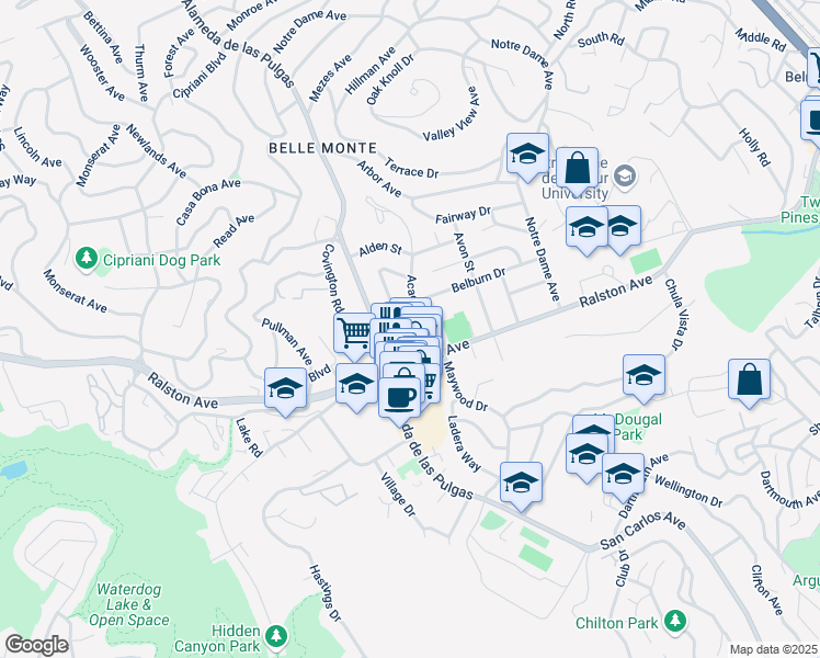map of restaurants, bars, coffee shops, grocery stores, and more near 1921 Belburn Drive in Belmont