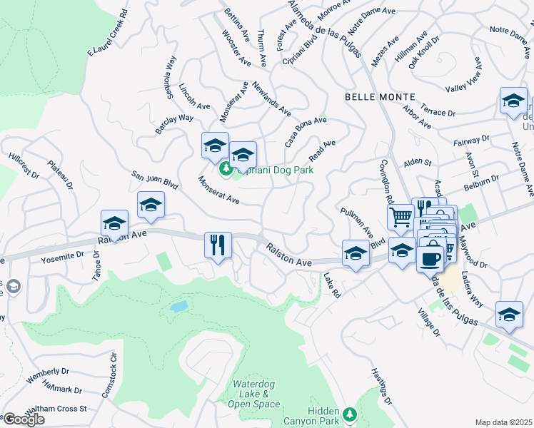 map of restaurants, bars, coffee shops, grocery stores, and more near 2617 Cipriani Boulevard in Belmont