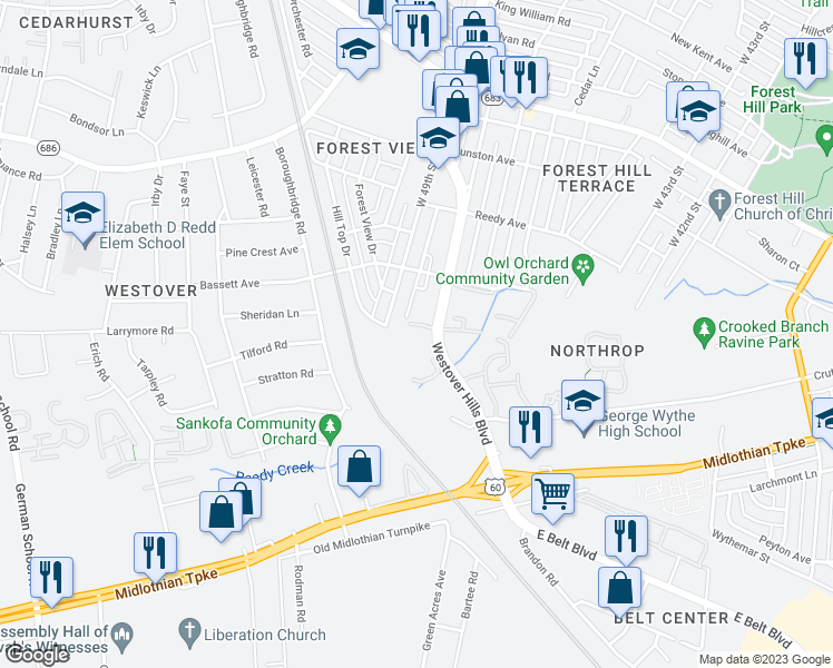 map of restaurants, bars, coffee shops, grocery stores, and more near 468 Westover Hills Boulevard in Richmond