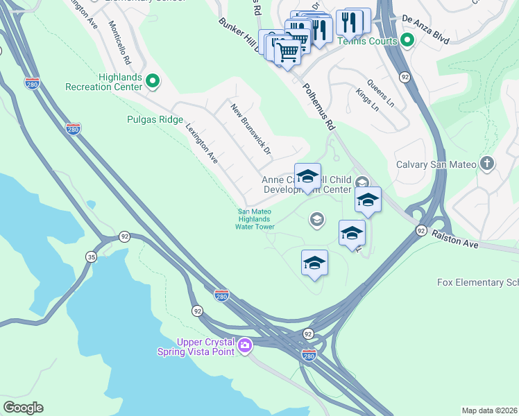 map of restaurants, bars, coffee shops, grocery stores, and more near 2275 Allegheny Way in San Mateo
