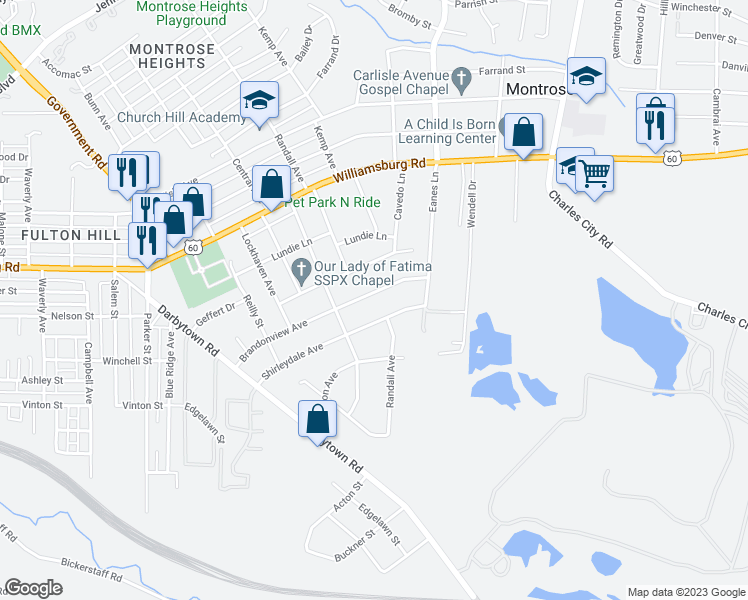 map of restaurants, bars, coffee shops, grocery stores, and more near 2119 Brandonview Avenue in Richmond