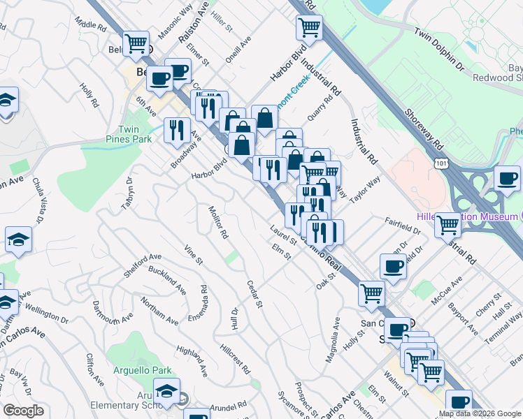 map of restaurants, bars, coffee shops, grocery stores, and more near 1633 6th Avenue in Belmont