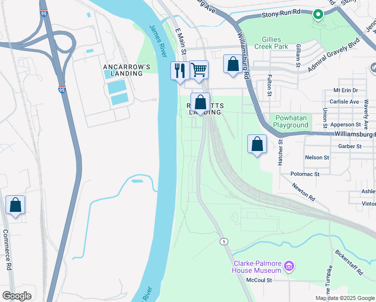 map of restaurants, bars, coffee shops, grocery stores, and more near 5101 Old Main Street in Richmond